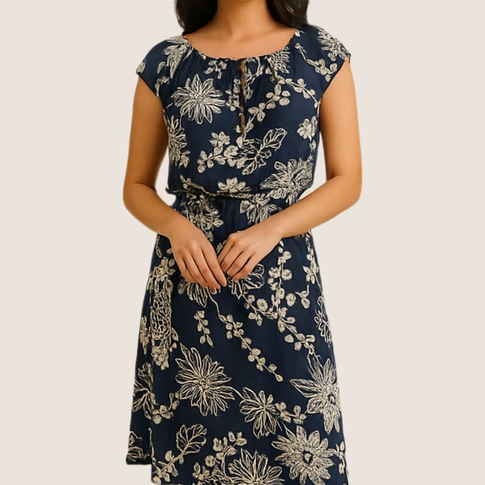 J Crew Womens Navy Floral Silk Midi Dress Size 12 Elastic Waist Scoop Neck